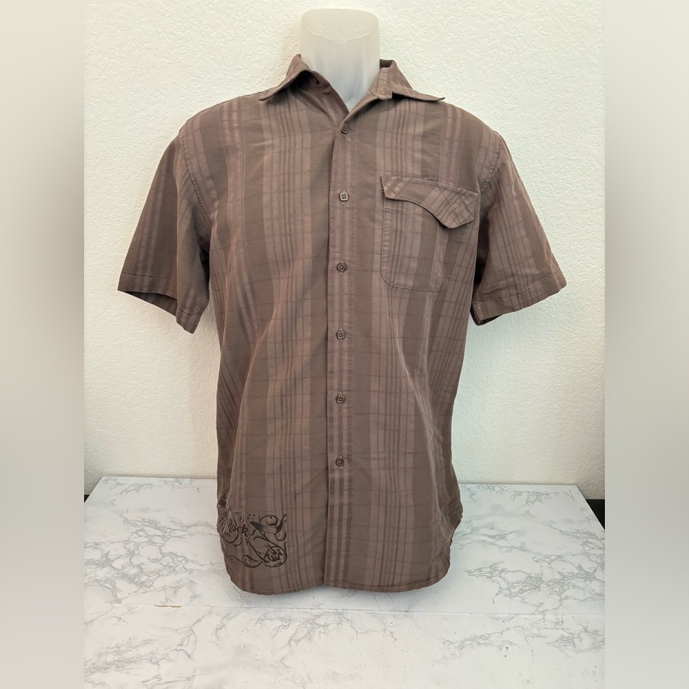 Hard Rock Cafe San Antonio Mens S Button Down Shirt Brown Plaid Short Sleeve​​​